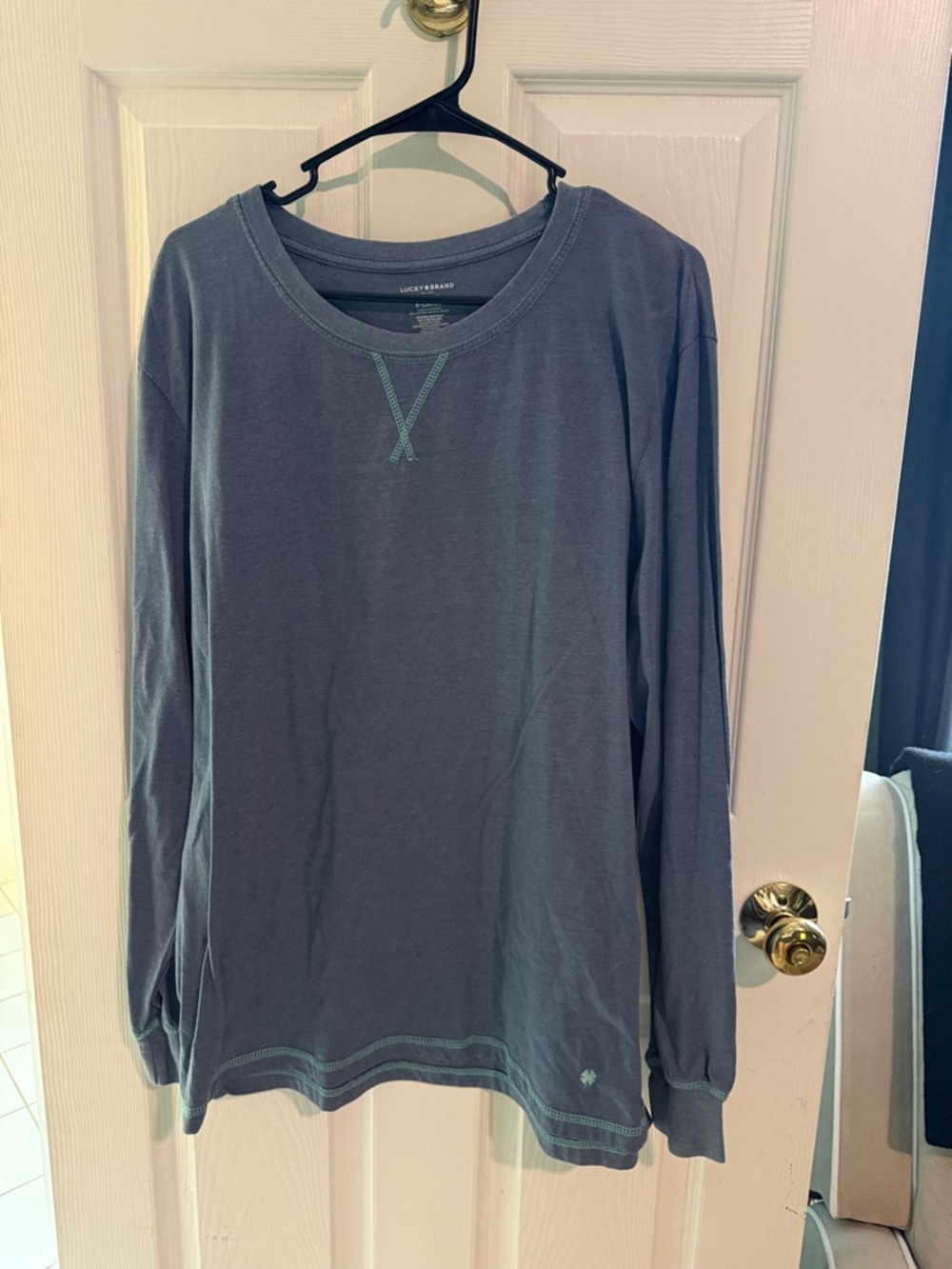 Lucky Brand Men’s Long Sleeve Crew Tee - Slate Blue with Teal Stitching